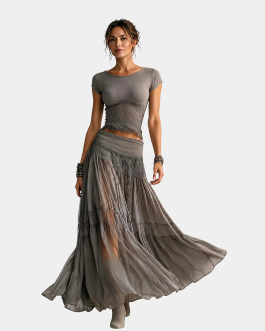 Emeline | Set van top en kant en plissé maxi rok