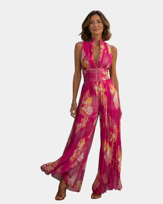Shana | Geplooide chiffon jumpsuit met fuchsia bloemenprint