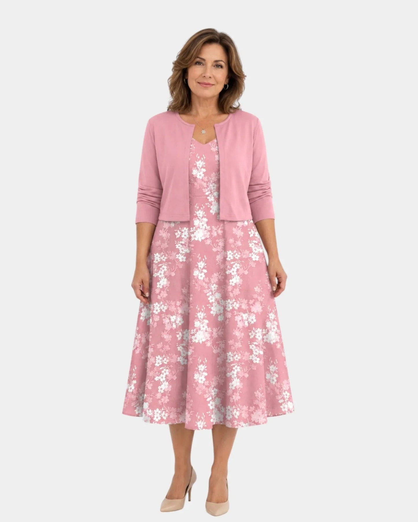 Guilaine | Set van bloemenjurk en lichte cardigan