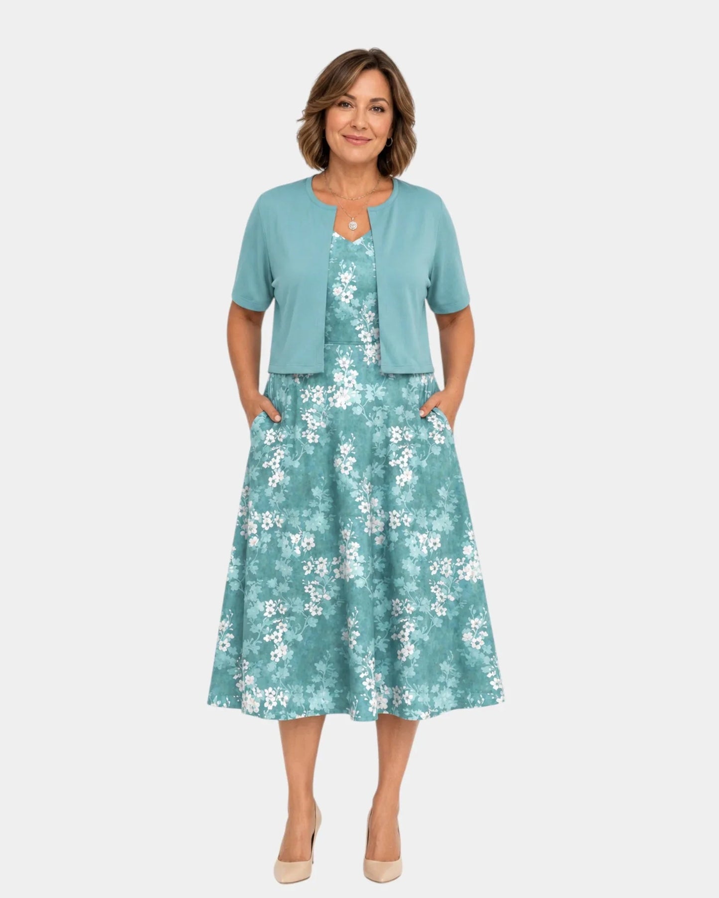 Guilaine | Set van bloemenjurk en lichte cardigan