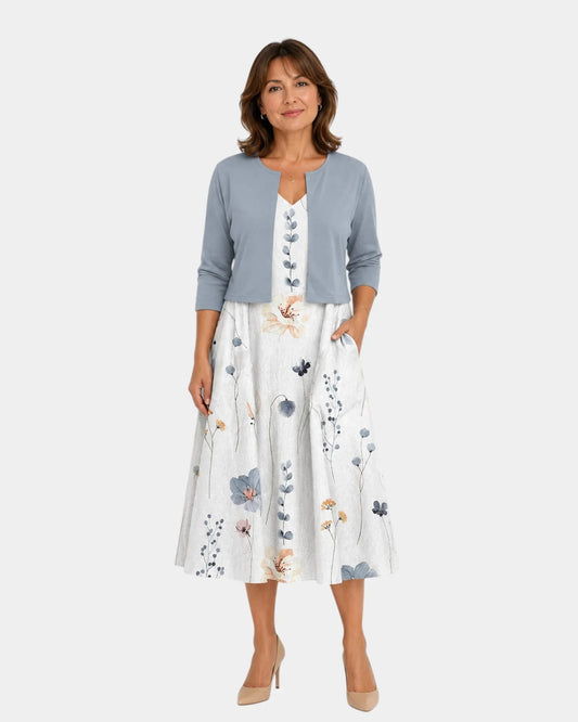 Guilaine | Set van bloemenjurk en lichte cardigan