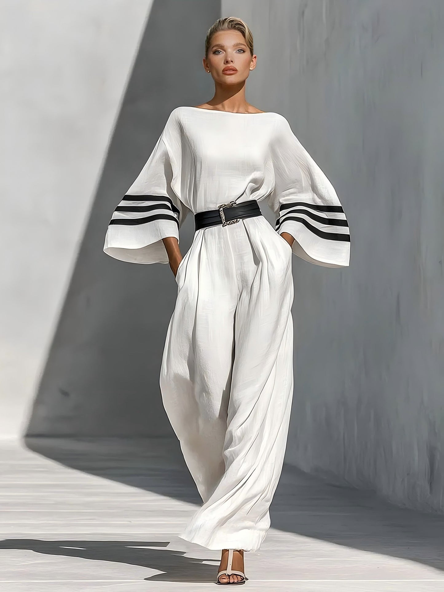 Minimalistische Gestreepte Taille-Tie Bell-Mouw Jumpsuit