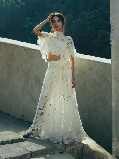 Elegante Hoge Hals Borduurkant Korte Blouse & Rok Twee-Delige Set