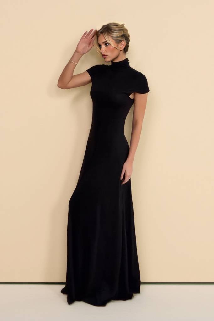 Minimalistische Hoge Hals Korte Mouwen Maxi Jurk