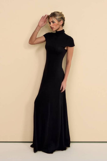 Minimalistische Hoge Hals Korte Mouwen Maxi Jurk