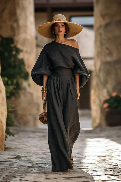 Off-shoulder Shirt en Wijde Broek Set