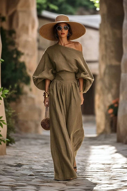Off-shoulder Shirt en Wijde Broek Set