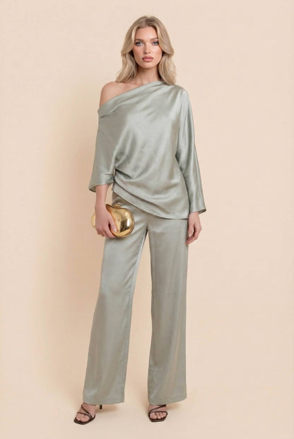 Off-Shoulder Asymmetrische Shirt En Wijde Pantalon Set