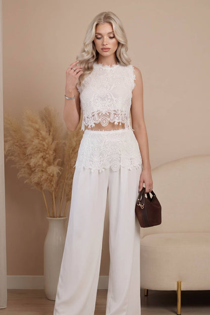 Kanten Paneel Top En Wijde Broek Set