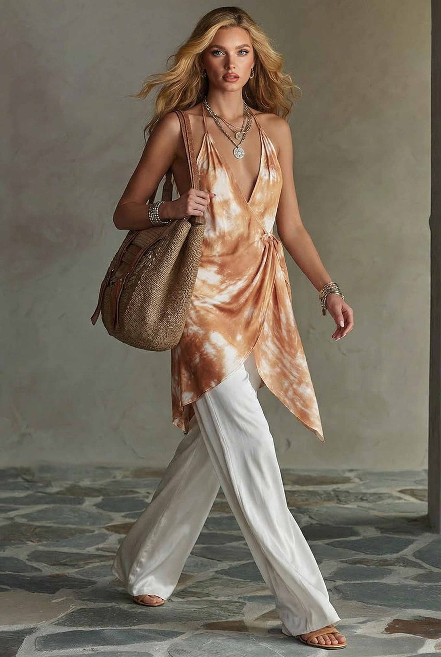 Halter-Neck Gedrukt Top En Wijde Pantalon Set
