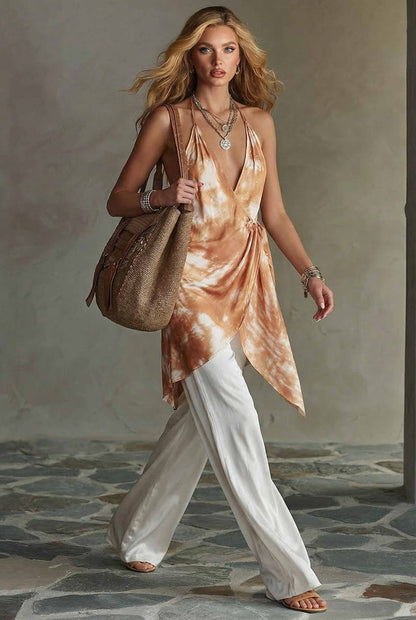 Halter-Neck Gedrukt Top En Wijde Pantalon Set