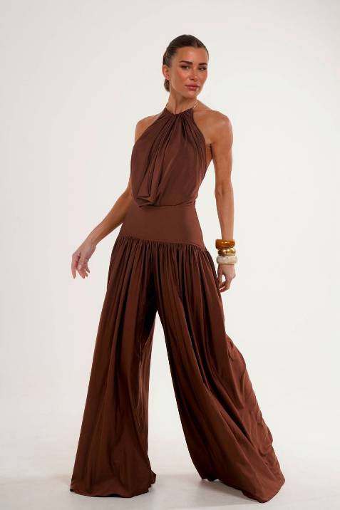 Halter-Neck Rugloze Bodysuit En Wijde Pantalon Set