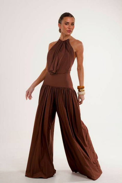 Halter-Neck Rugloze Bodysuit En Wijde Pantalon Set