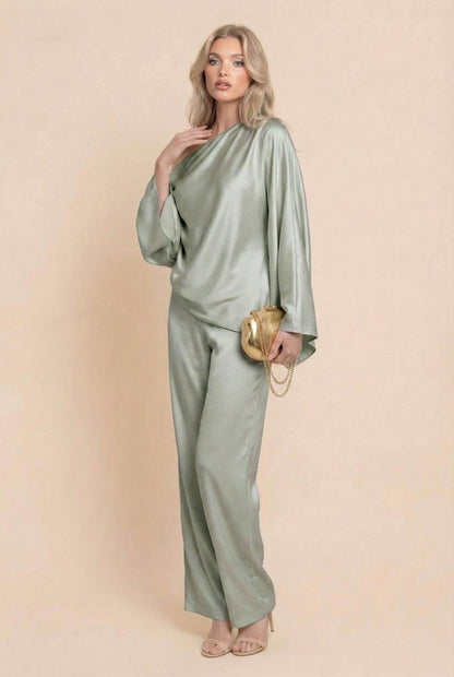 Off-Shoulder Asymmetrische Shirt En Wijde Pantalon Set