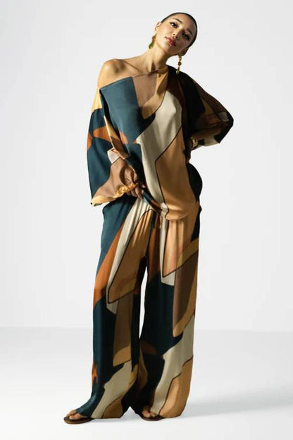Geometrische Print Shirt En Brede Pantalon Set