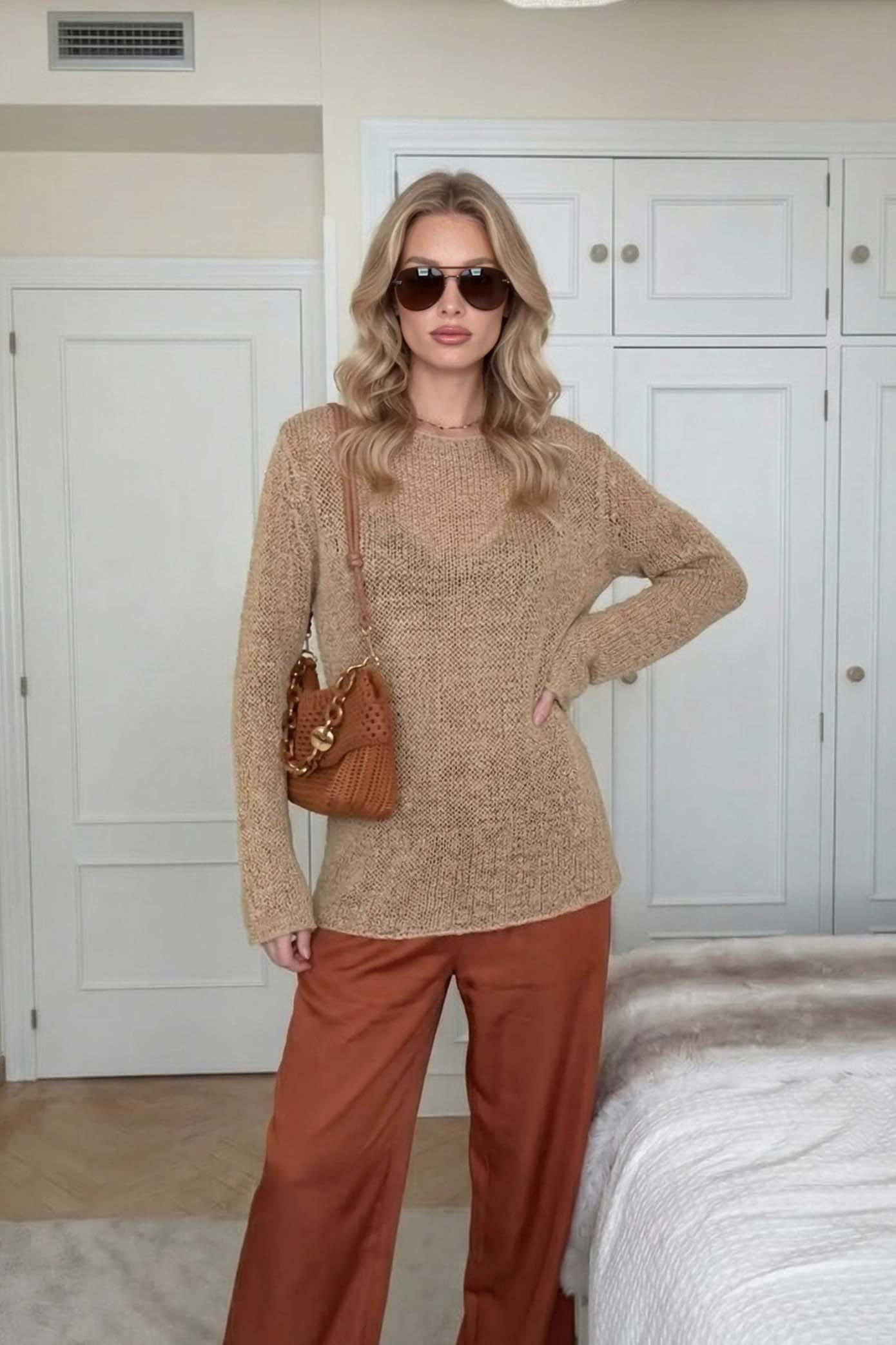 Gebreide Top Met Touwtjes En Wijde Pantalon Set