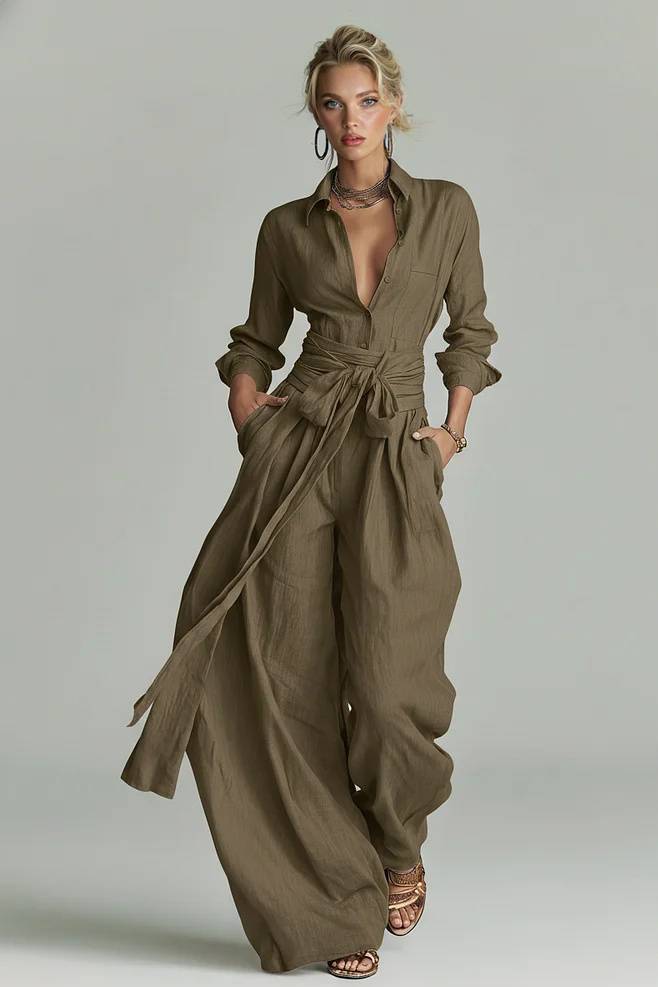Minimalistische Shirt En Laced-Up Wijde Pantalon Set