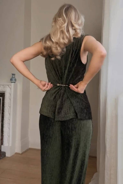 Mouwloze Fluwelen Top En Brede Pantalon Set