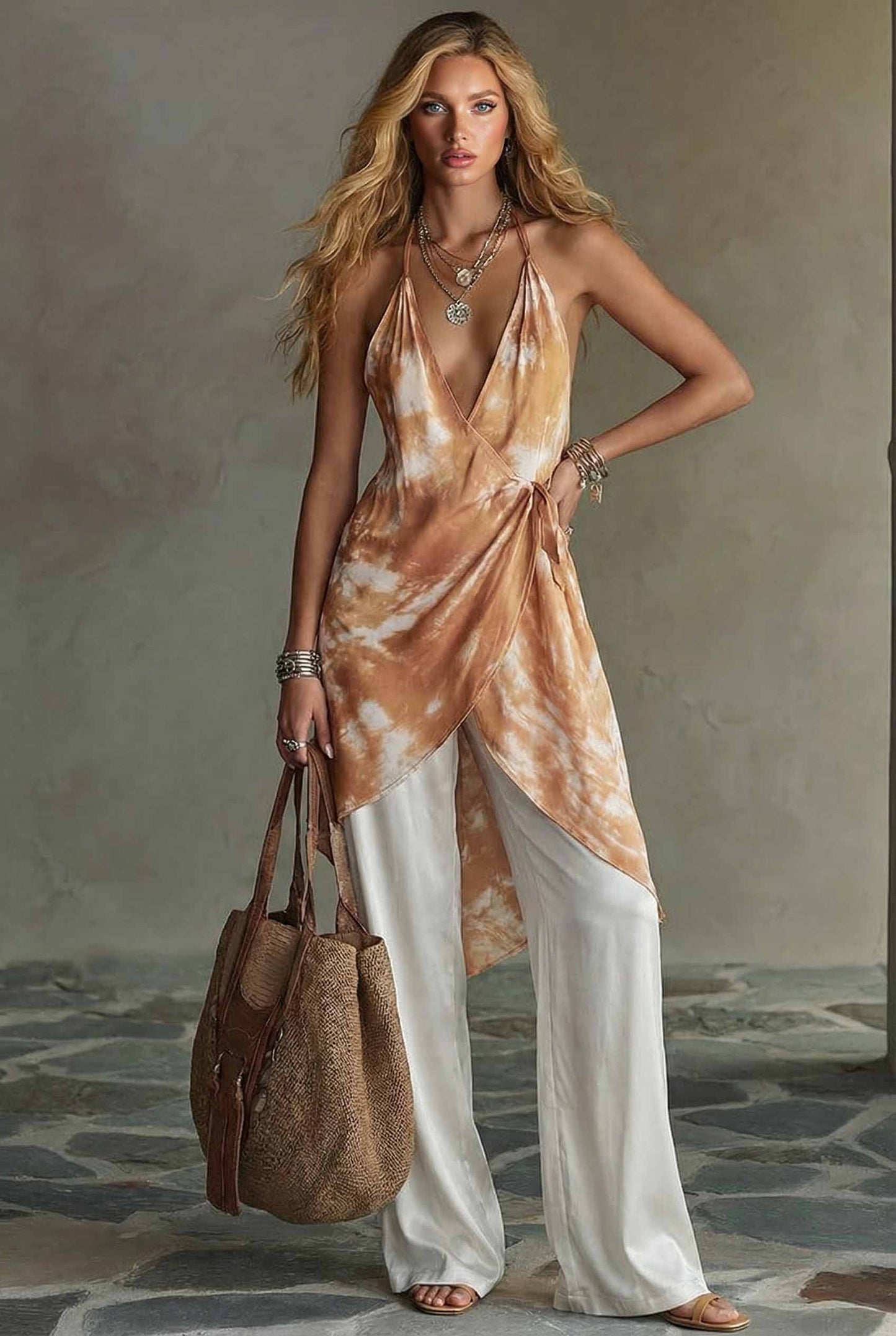 Halter-Neck Gedrukt Top En Wijde Pantalon Set