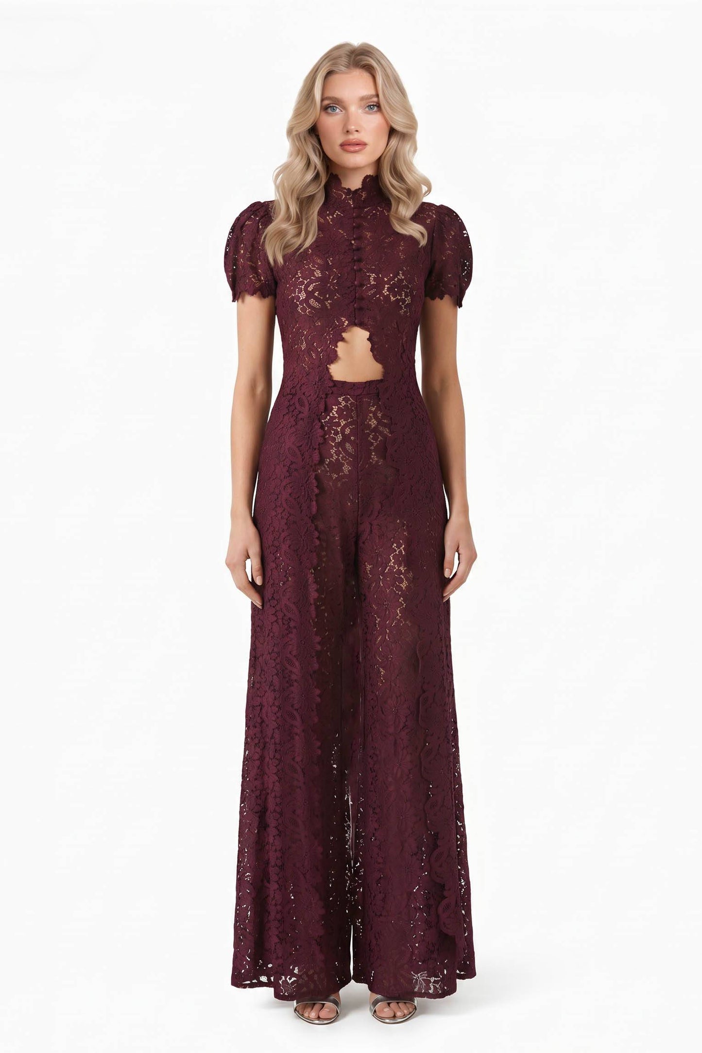 Kanten Top met Lange Mouwen en Brede Pantalon Set