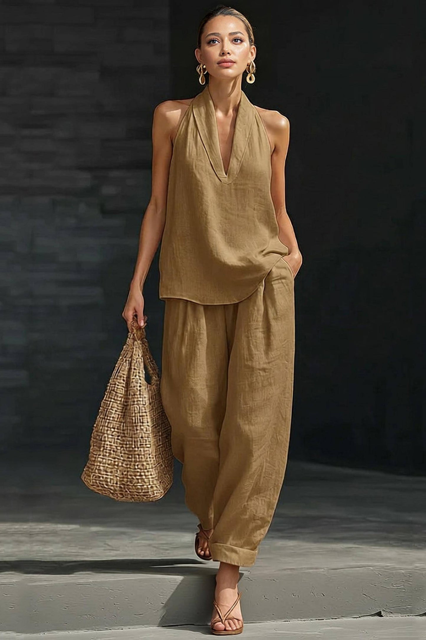 V-hals A-lijn Shirt en Brede Pantalon Set