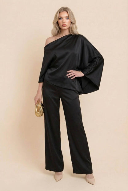 Off-Shoulder Asymmetrische Shirt En Wijde Pantalon Set