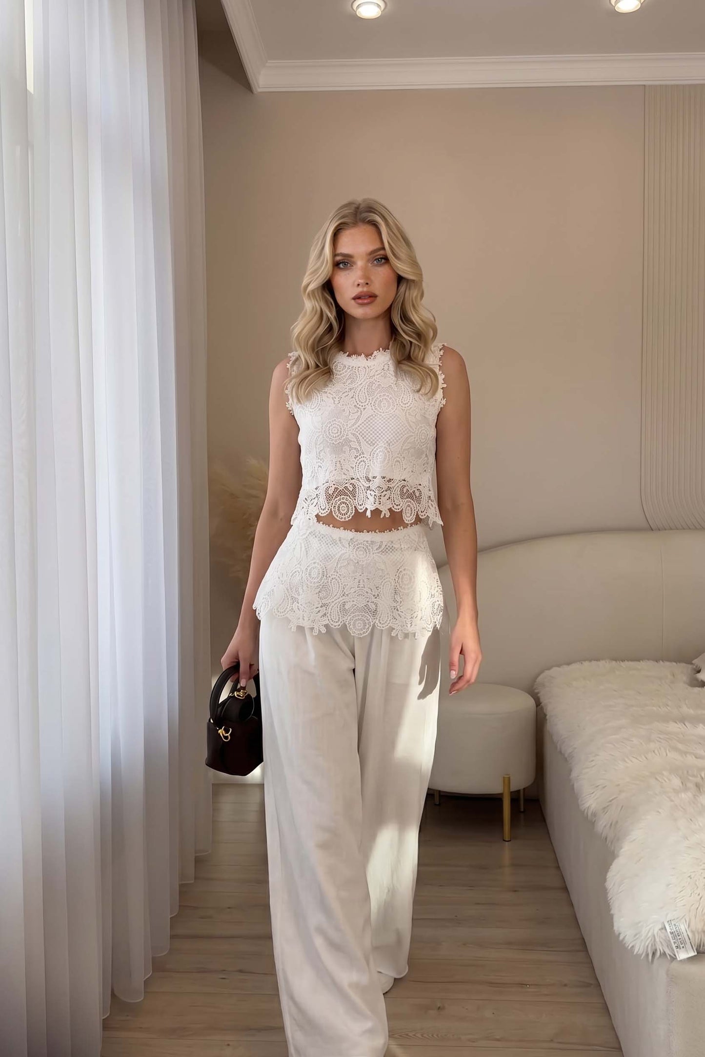 Kanten Paneel Top En Wijde Pantalon Set