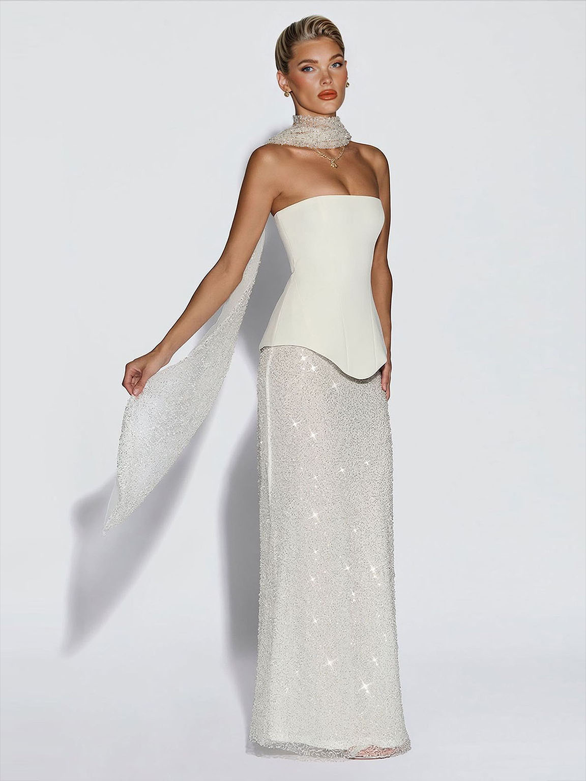 Elegante Strapless Pailletten Rok En Sjaal Twee-Delige Set