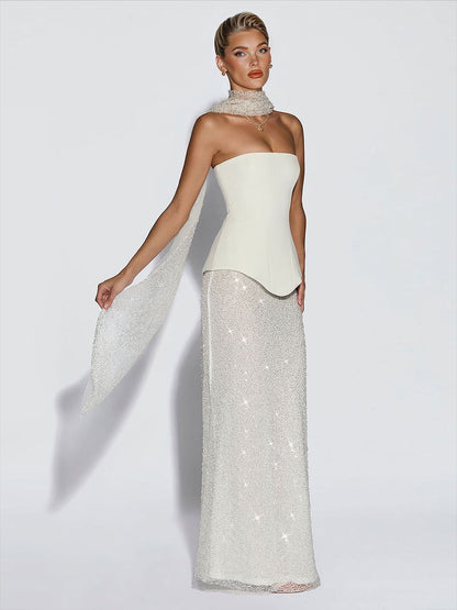 Elegante Strapless Pailletten Rok En Sjaal Twee-Delige Set