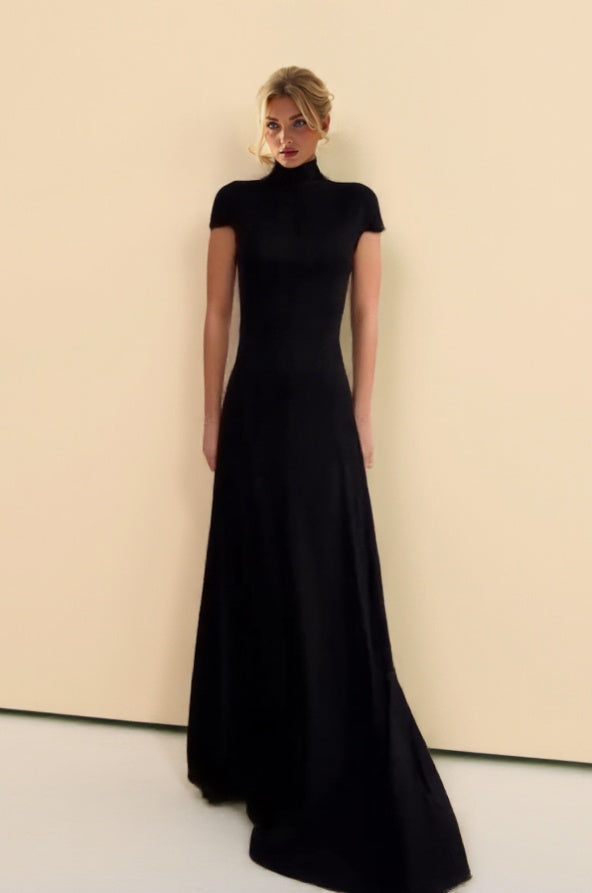 Minimalistische Hoge Hals Korte Mouwen Maxi Jurk