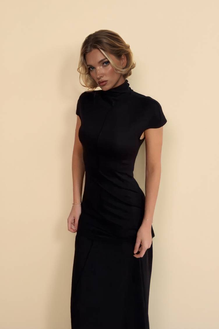 Minimalistische Hoge Hals Korte Mouwen Maxi Jurk