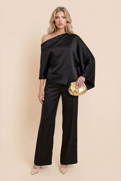 Off-Shoulder Asymmetrische Shirt En Wijde Pantalon Set