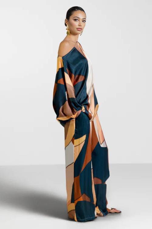 Geometrische Print Shirt En Brede Pantalon Set
