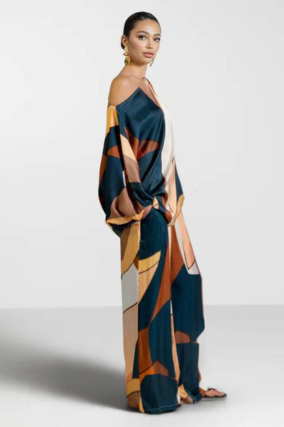 Geometrische Print Shirt En Brede Pantalon Set