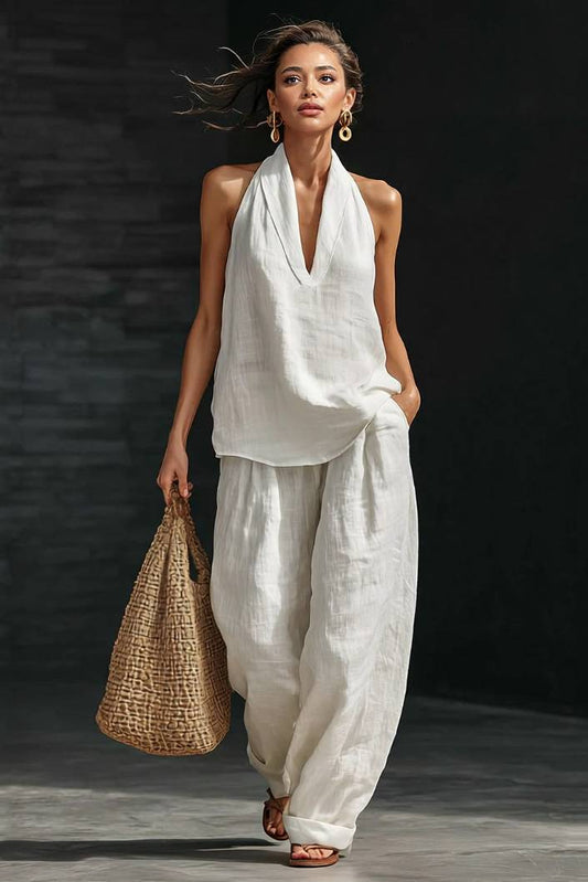 V-hals A-lijn Shirt en Brede Pantalon Set