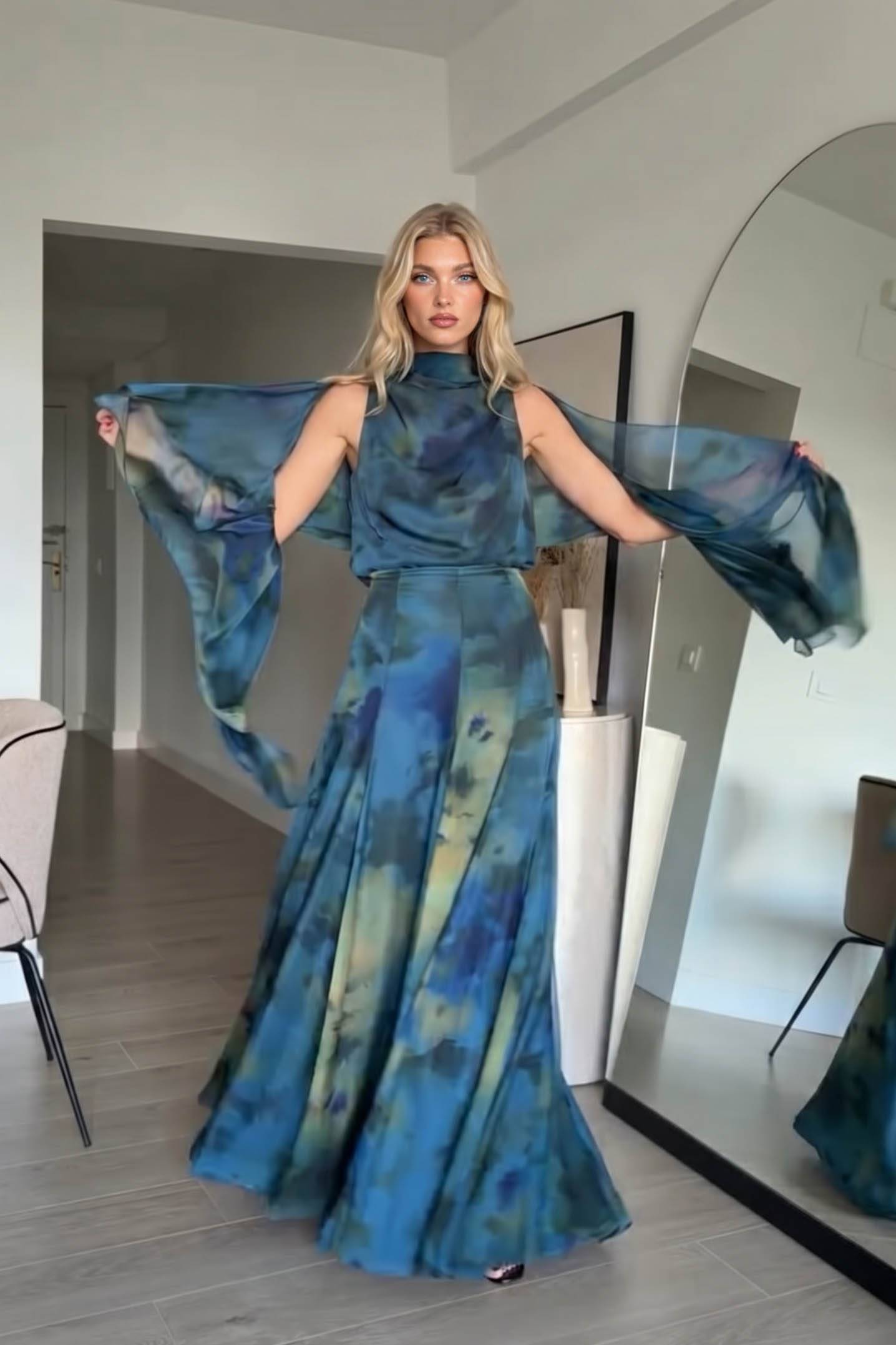 Asymmetrisch Ontwerp Geprinte Top Sjaal En Rok Set