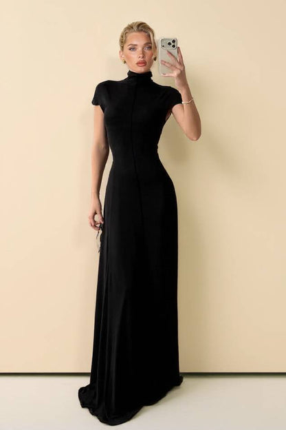 Minimalistische Hoge Hals Korte Mouwen Maxi Jurk