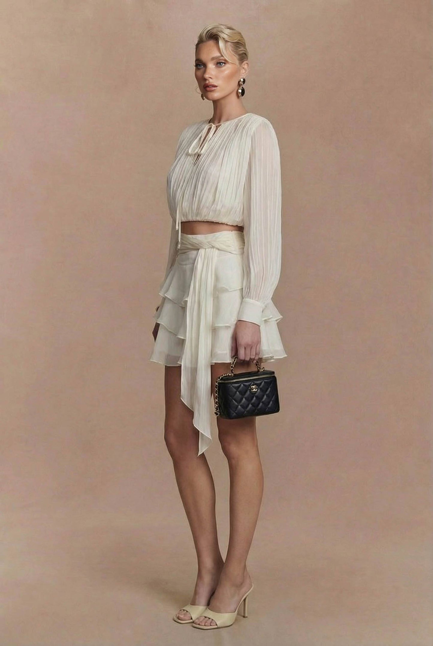 Tule Lace-Up Shirt En Ruffled Rok Set