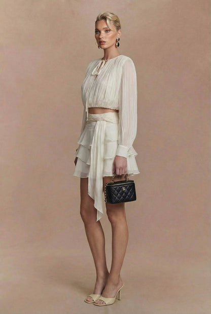 Tule Lace-Up Shirt En Ruffled Rok Set