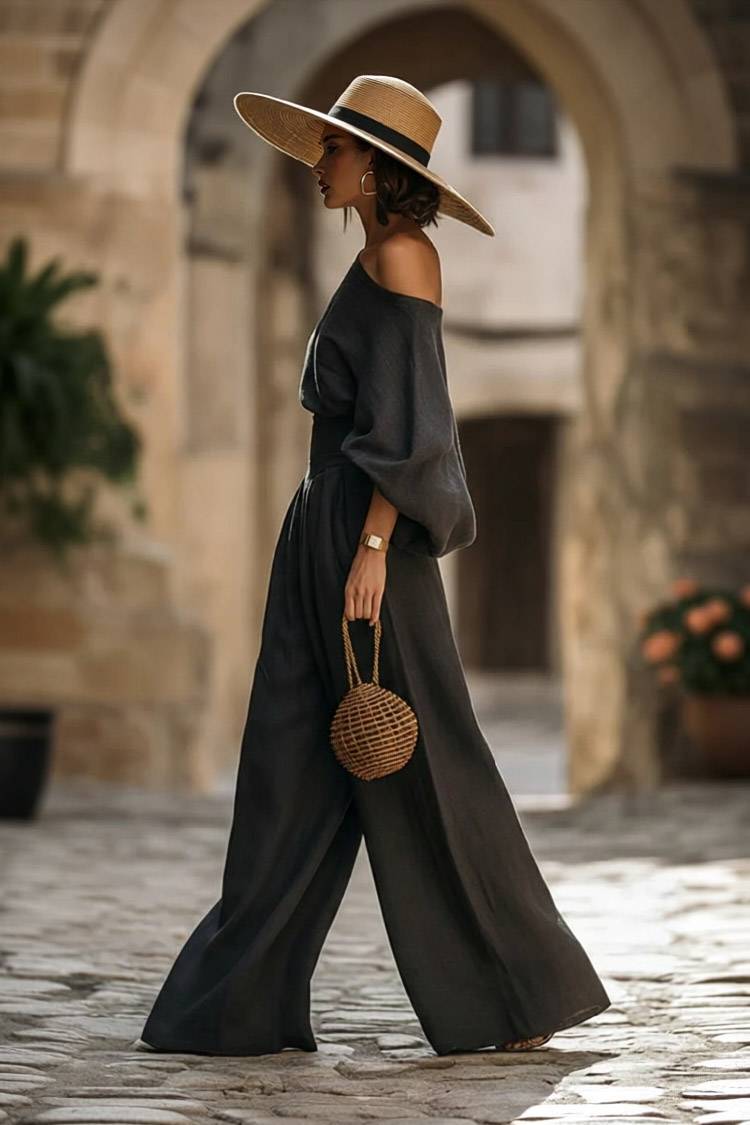 Off-shoulder Shirt en Wijde Broek Set