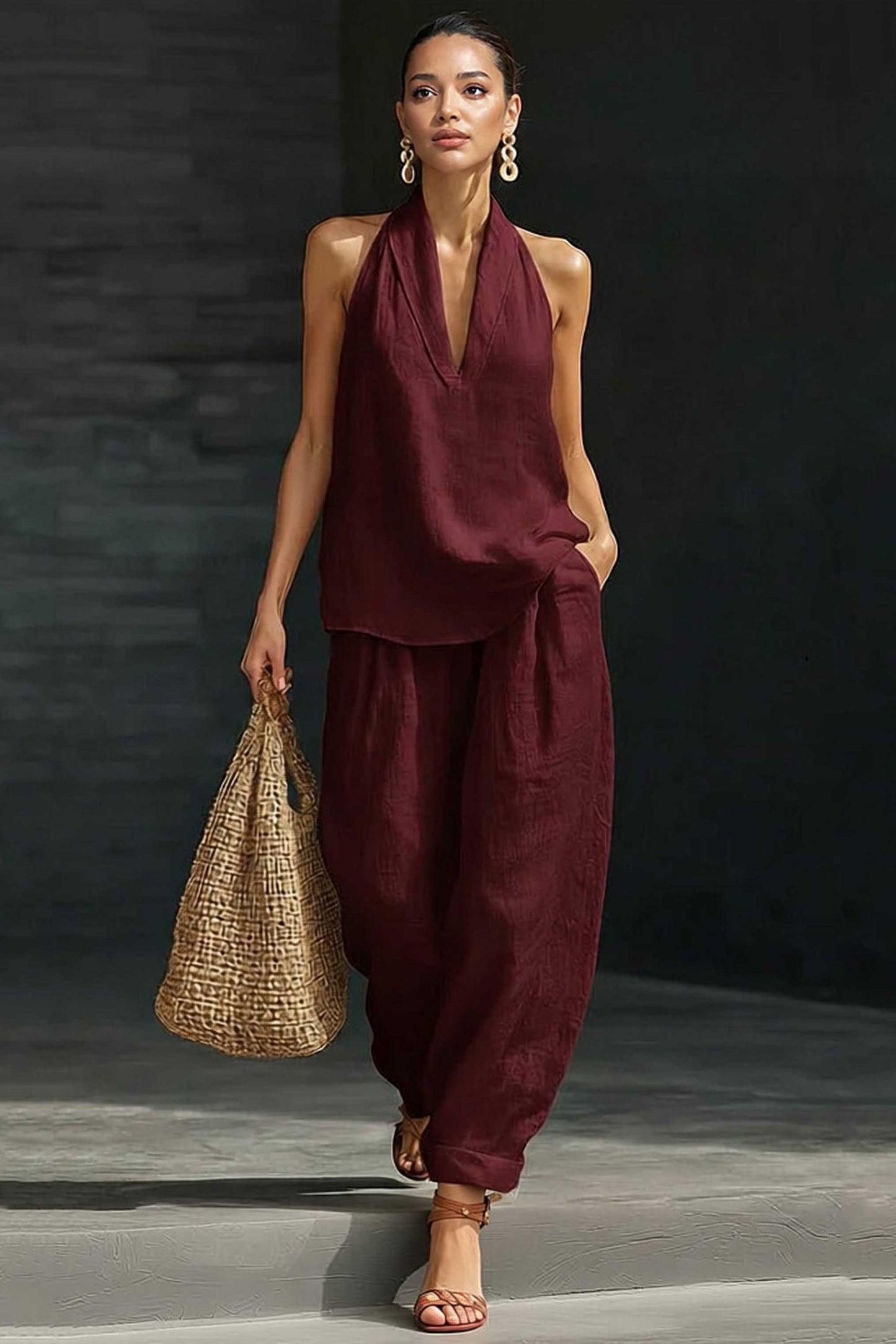 V-hals A-lijn Shirt en Brede Pantalon Set