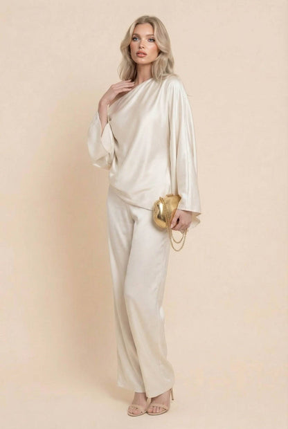 Off-Shoulder Asymmetrische Shirt En Wijde Pantalon Set