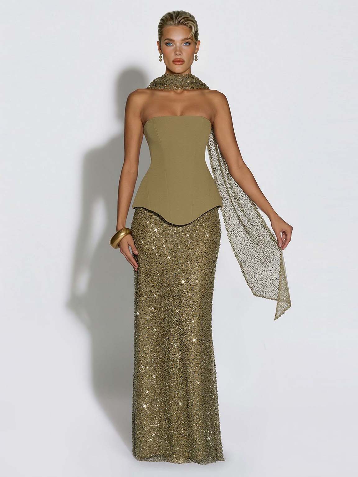 Elegante Strapless Pailletten Rok En Sjaal Twee-Delige Set