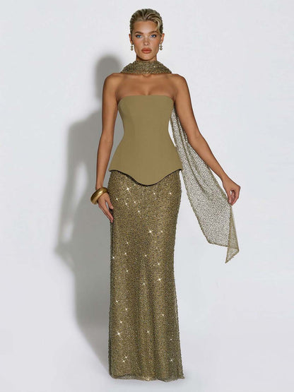 Elegante Strapless Pailletten Rok En Sjaal Twee-Delige Set
