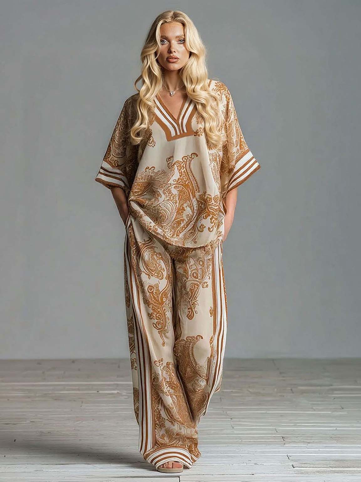Bohemian Paisley Print Top & Wijde Broek Twee-Delige Set