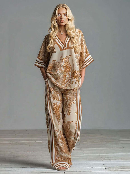 Bohemian Paisley Print Top & Wijde Broek Twee-Delige Set