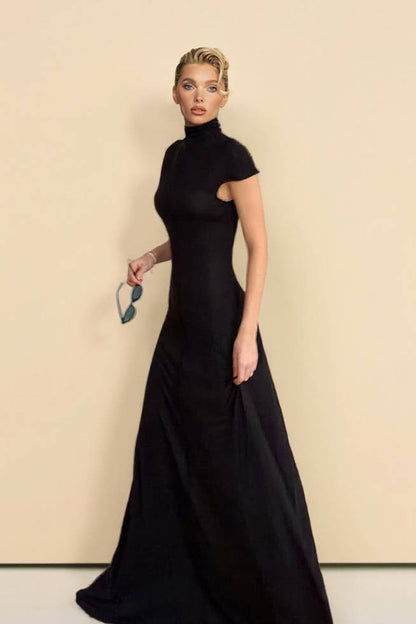 Minimalistische Hoge Hals Korte Mouwen Maxi Jurk