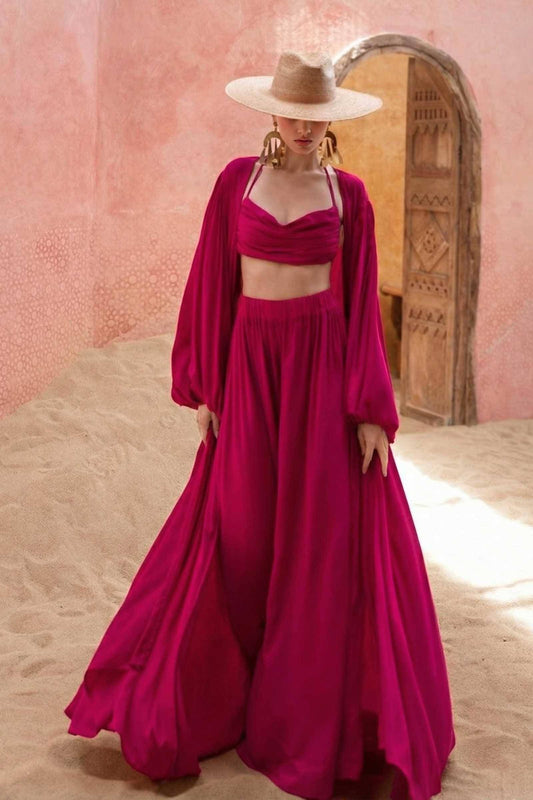 Sling Top en Wijde Pantalon en Jas Drie-delige Set