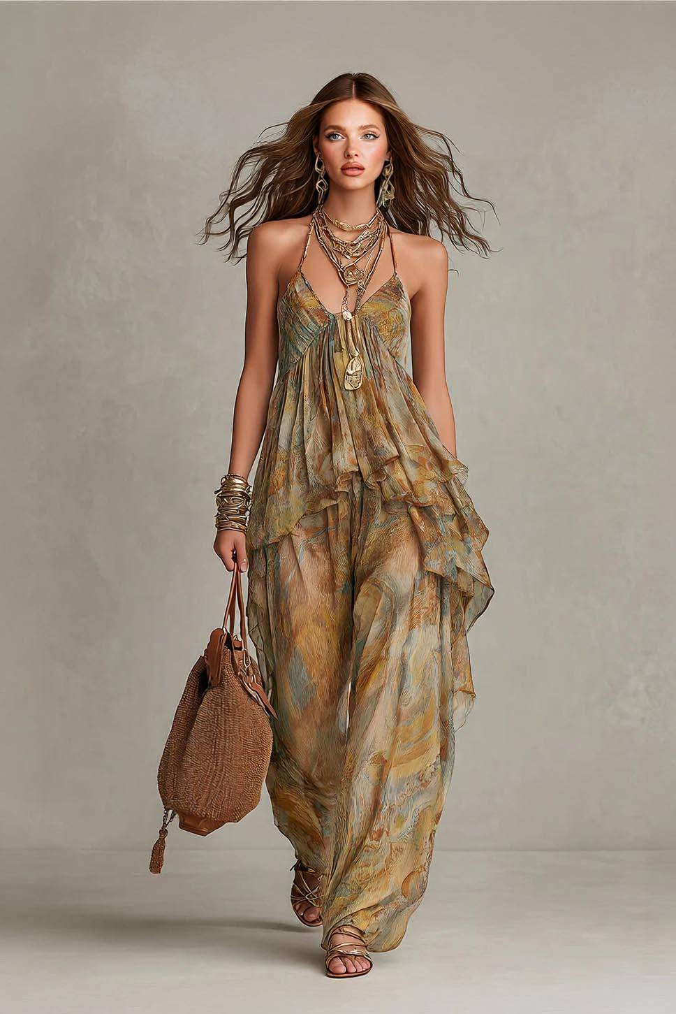 Geprinte Sling Top En Brede Pantalon Set