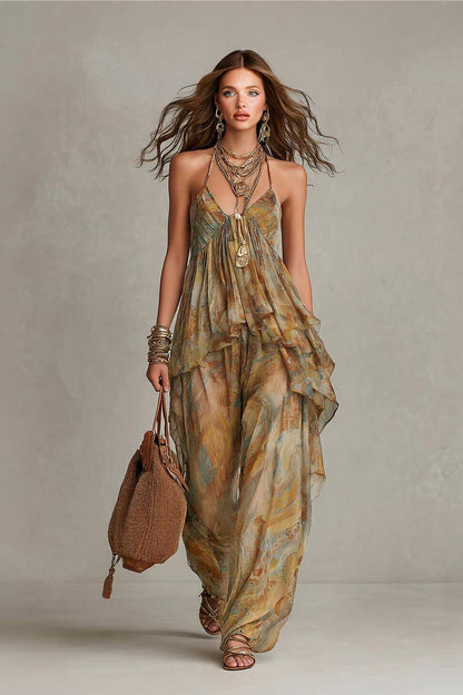 Geprinte Sling Top En Brede Pantalon Set